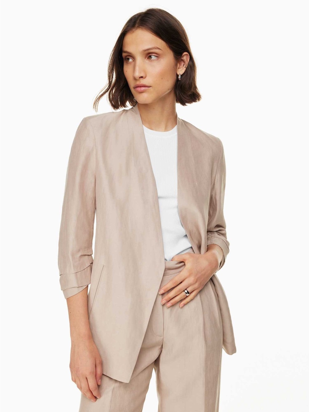 NWT $198 Aritzia Babaton Power Hip Linen Blazer in Taupe Kacha Size 14